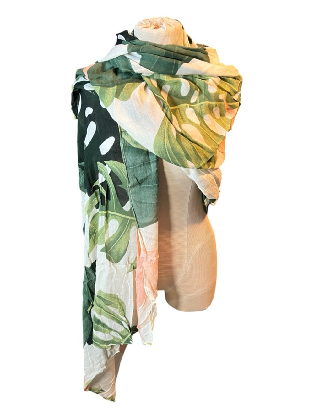 Virginia Wolf Tropical Leaf Wrap Scarf in Green, White & Pink